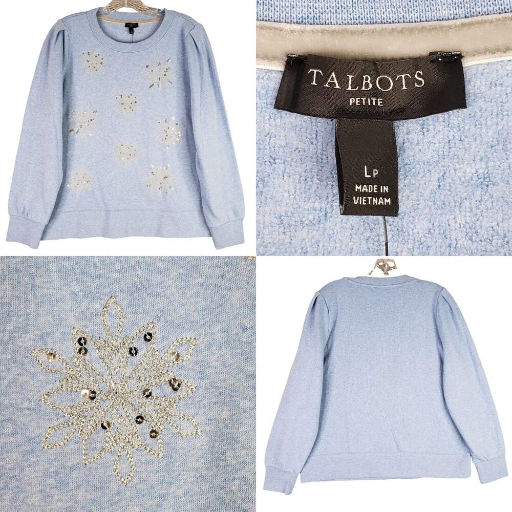 Talbots Sweatshirt Petite Size Lp Blue Silver Snowflakes Puff LS Stretch Knit